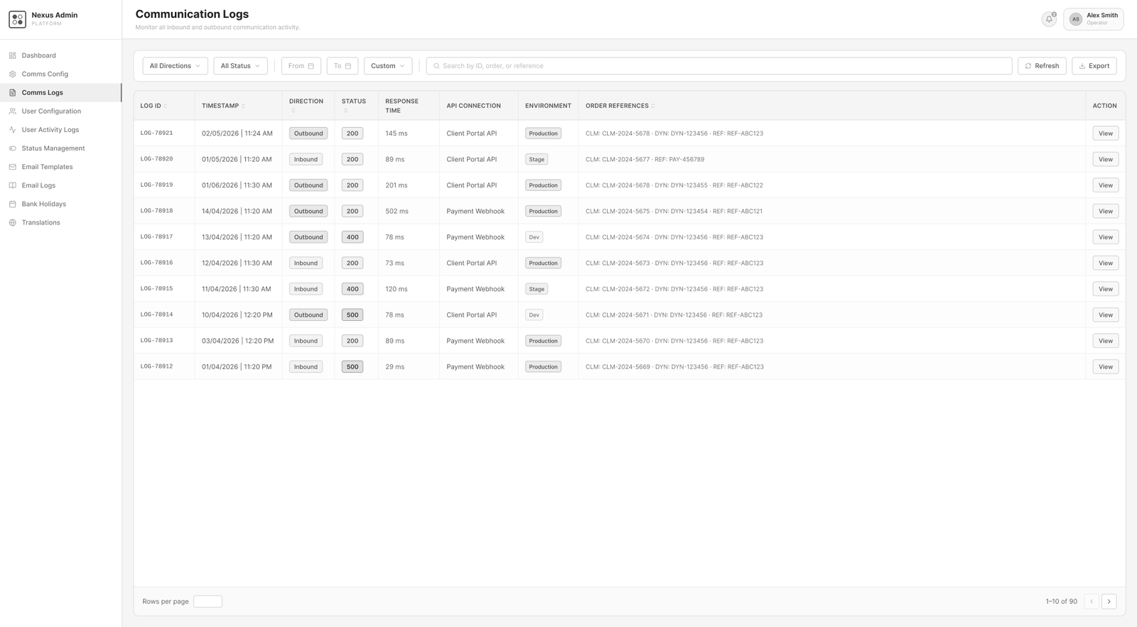 Low-fidelity wireframe of the NexusFlow Communication Logs