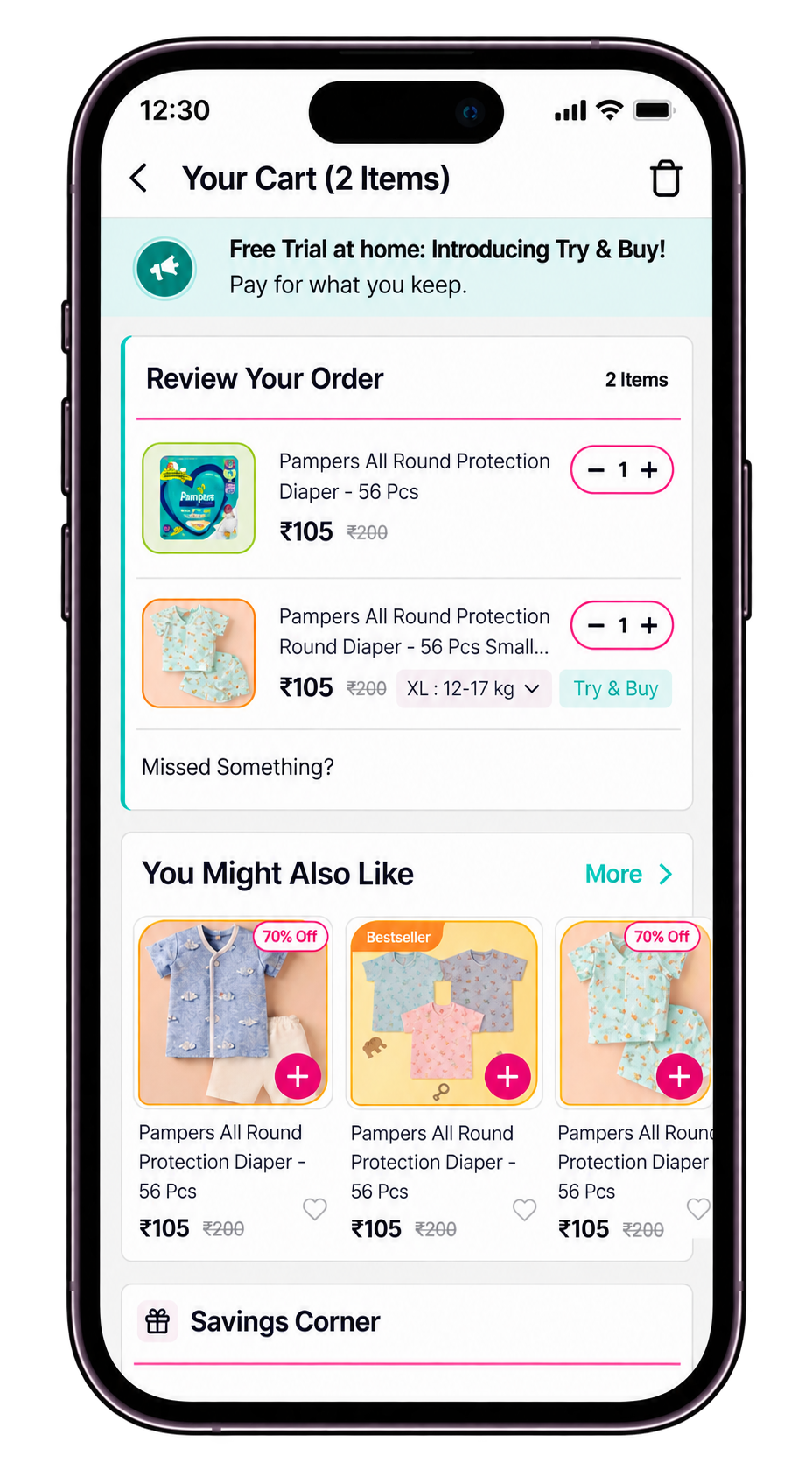Peeko cart reviewing regular and Try and Buy items