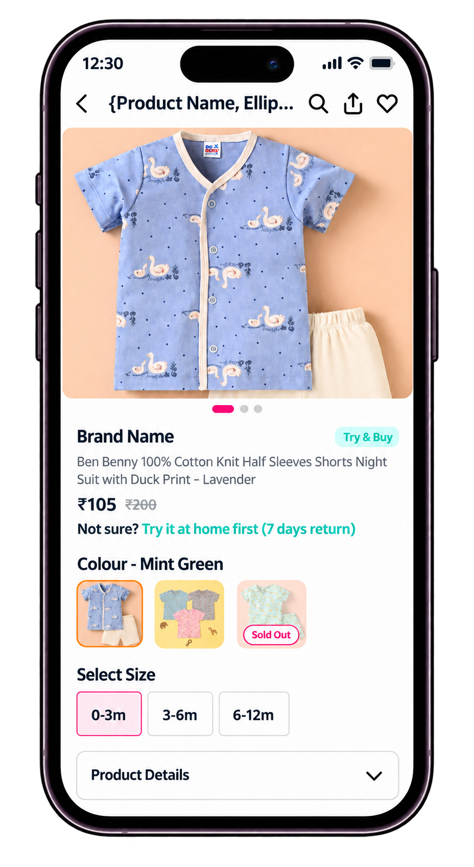 Peeko product detail screen with Try and Buy badge, variants and sizing