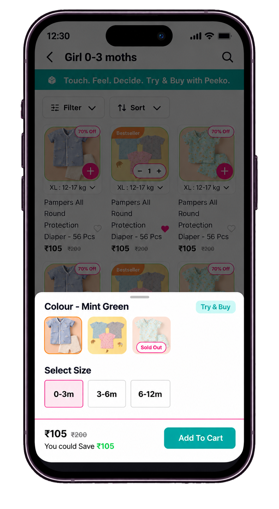 Peeko variant selection sheet showing colour, size and Try and Buy eligibility
